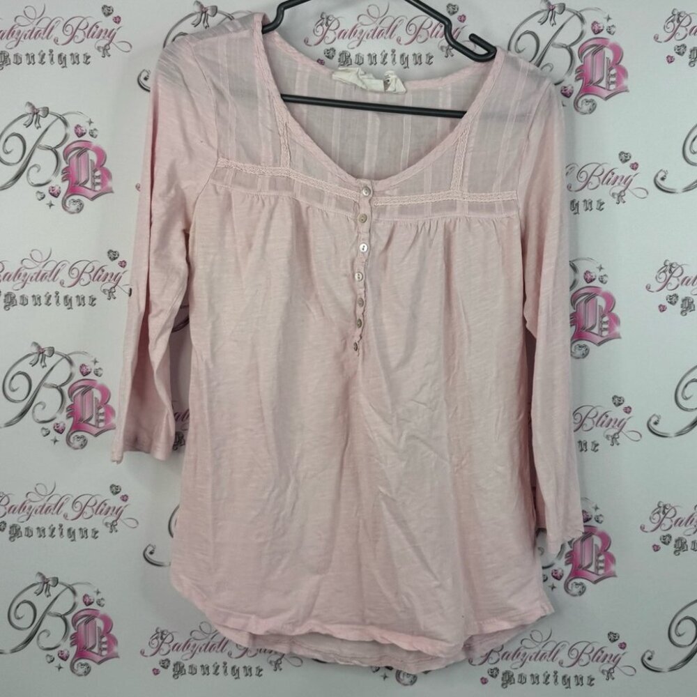 H&M blouse long sleeve milk maid shirt crochet trim Light Pink V-Neck Blouse